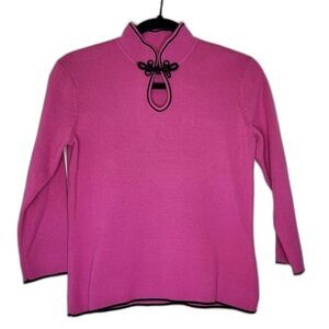 Women's Sweater Sm Pink Black Trim Chinese Collar Long Sleeve Feminine Classic